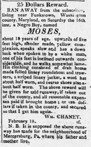 1822 advertisement placed by William Chaney of Washington County, Maryland, to recover runaway slave Moses.